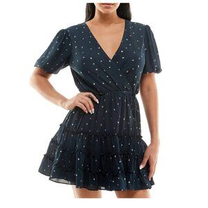 B Darlin Juniors' Printed V-Neck Short Sleeve Tiered Dress Sz 3/4 Navy Star